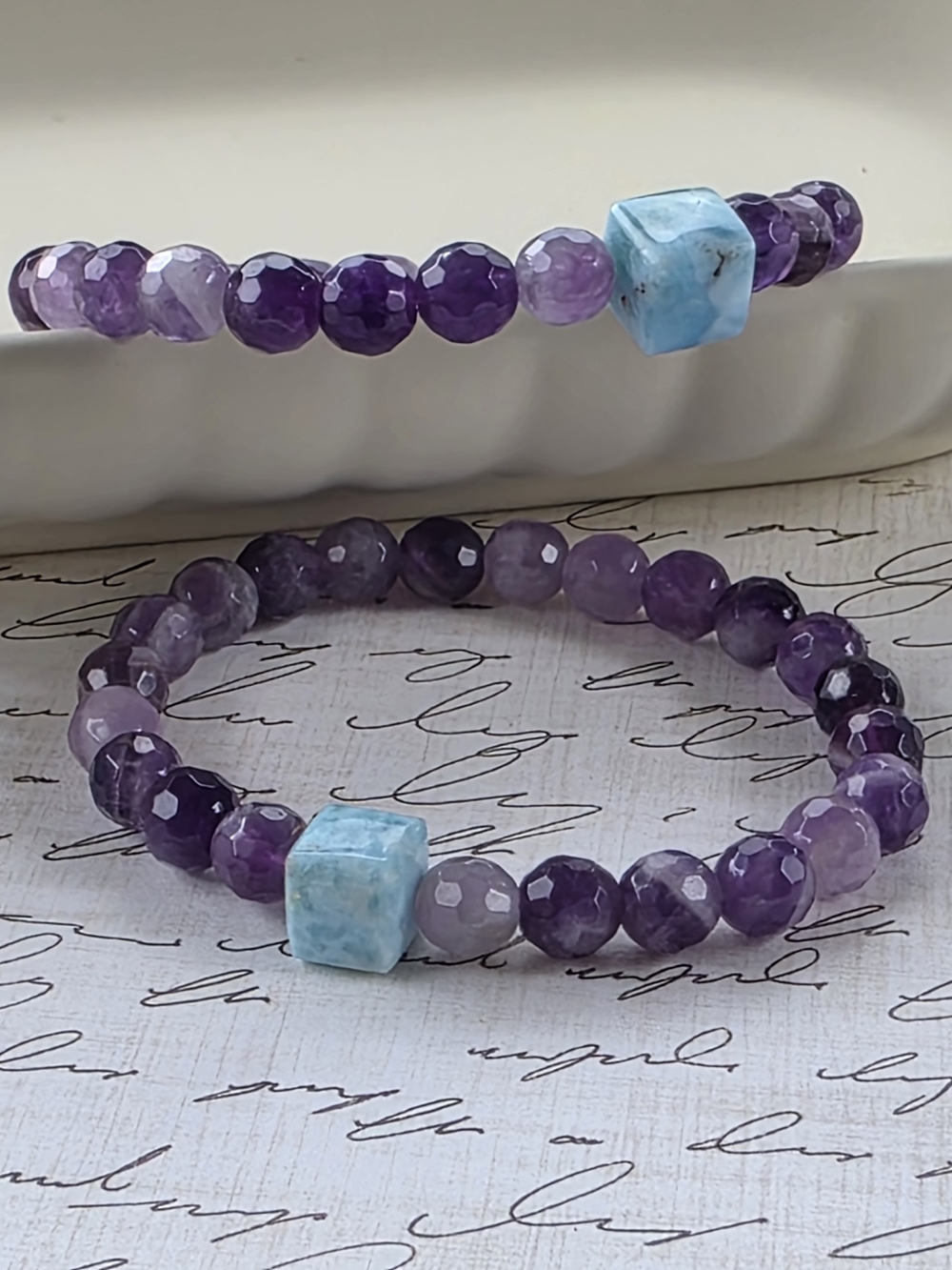 Handcrafted Amethyst Beaded Bracelet with Larimar Accent